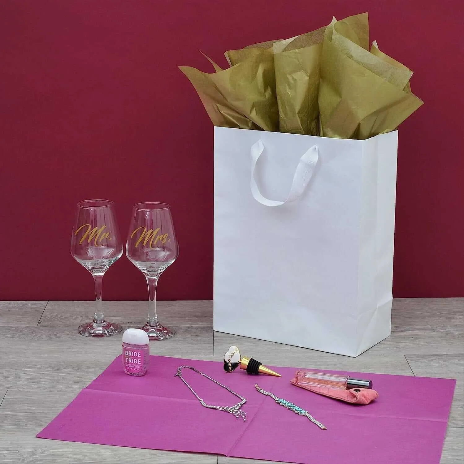 10x5x13 Medium White Paper Bags with Ribbon Handles