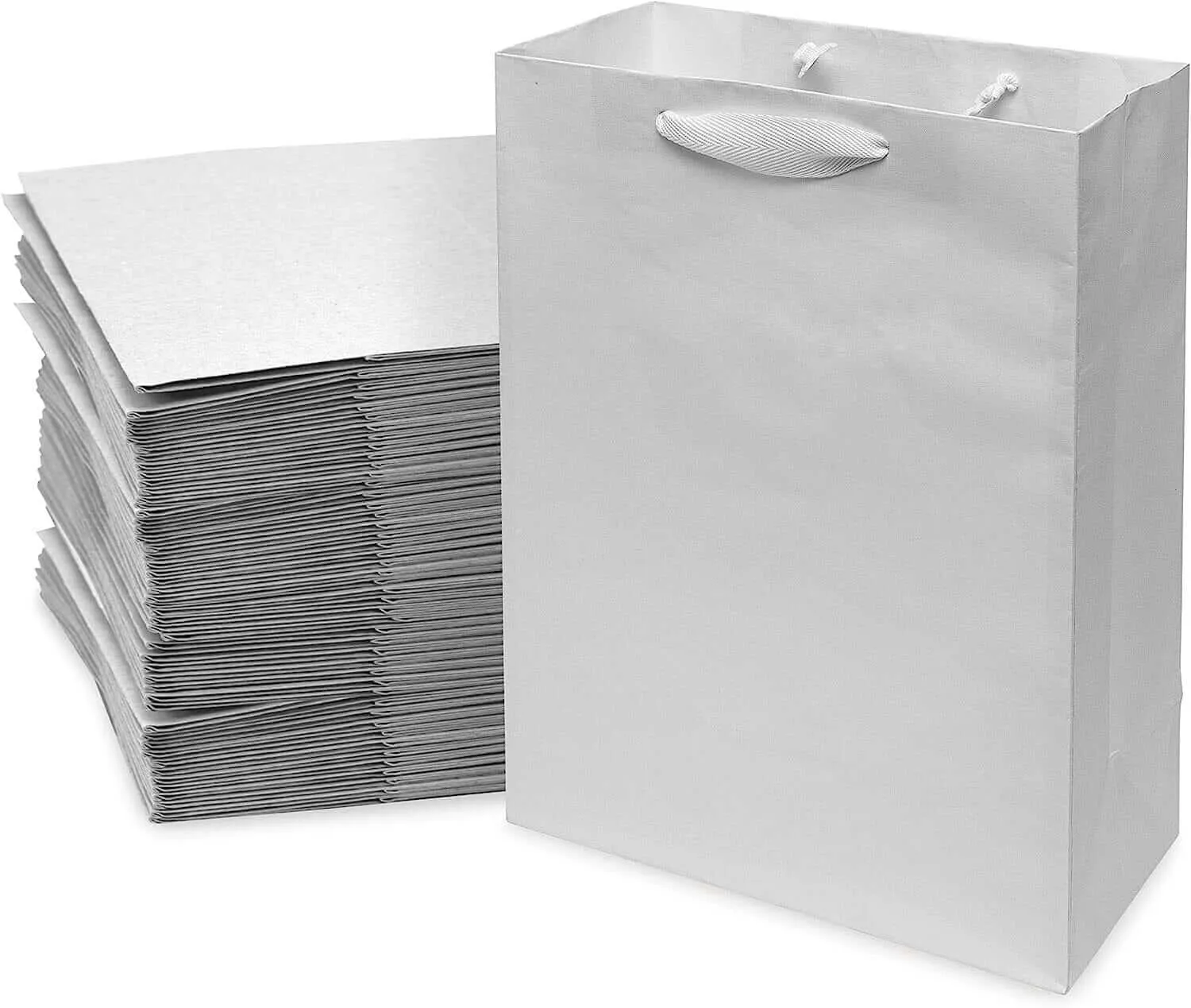 10x5x13 Medium White Paper Bags with Ribbon Handles