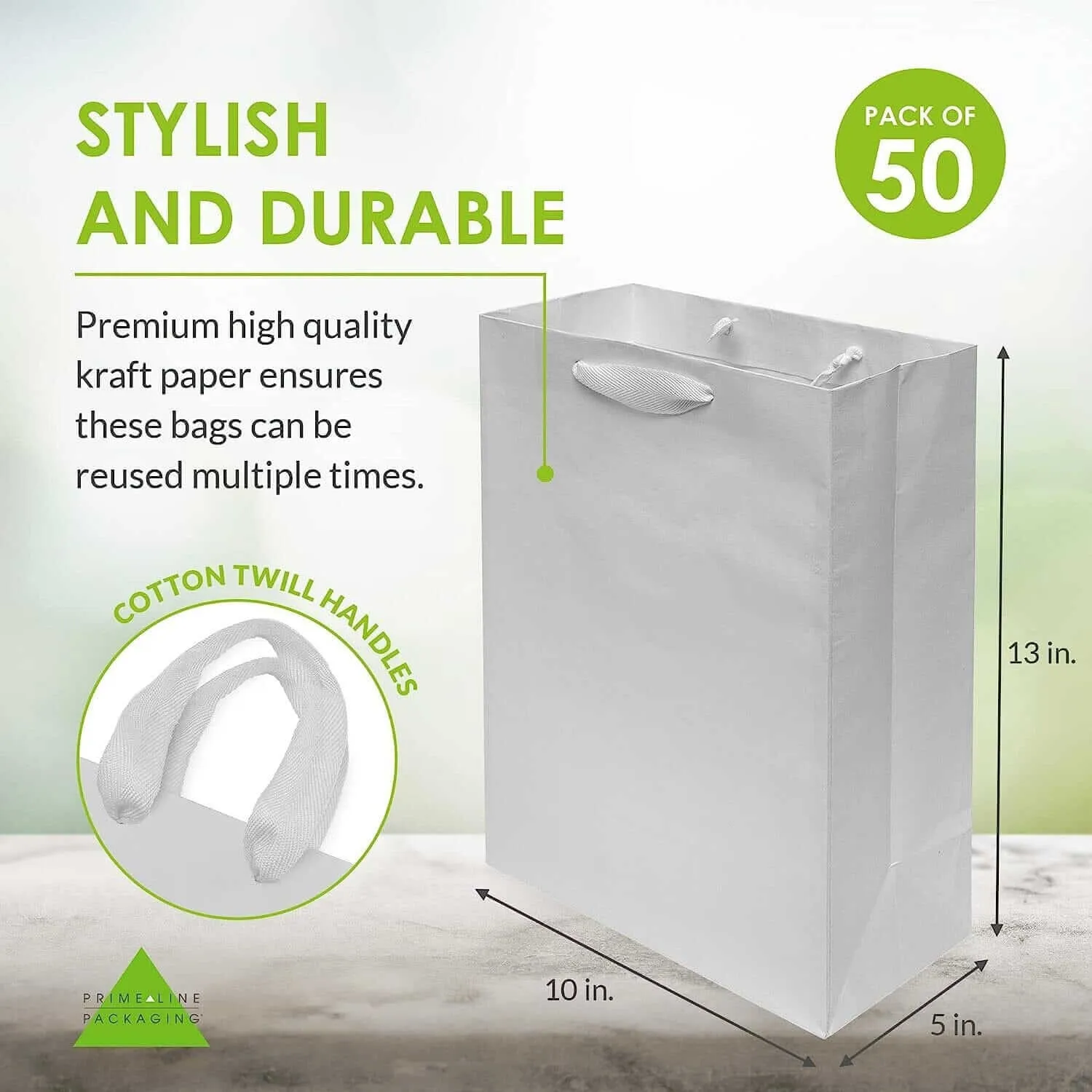 10x5x13 Medium White Paper Bags with Ribbon Handles