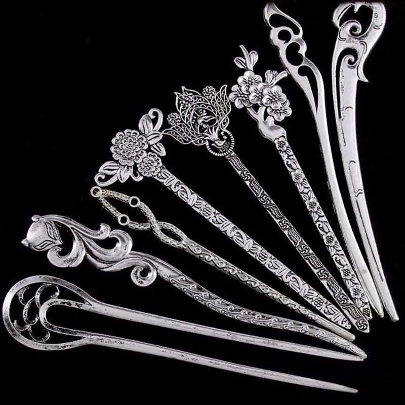 1PC New Vintage Women Hair Sticks Pins Elegance Silver Alloy Geometric Girls Headbands Lady Gift Barrettes Hair Clip Accessories