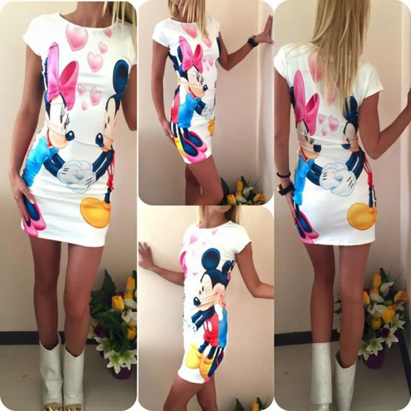 2017 Spring Summer New Arrival Women Dress S-3XL Dot Cartoon Print Short Sleeve Cute Bodycon Sheath Vintage Sexy Party Dresses