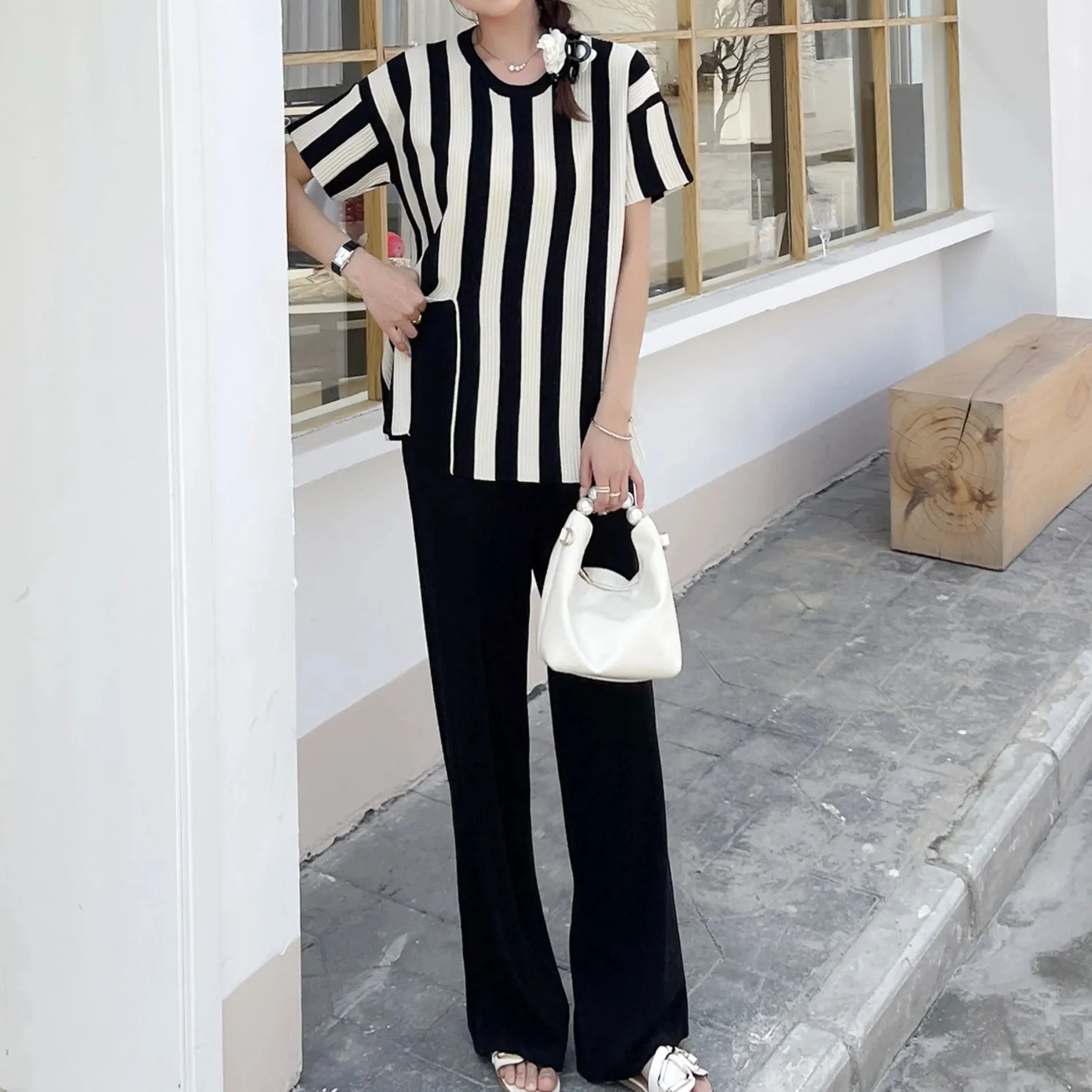 2024 Trend Casual Elegant Knit Stripe O-neck Short Sleeved Sweater Top Irregular Split And Elastic Wide Leg Pants Two-piece Set