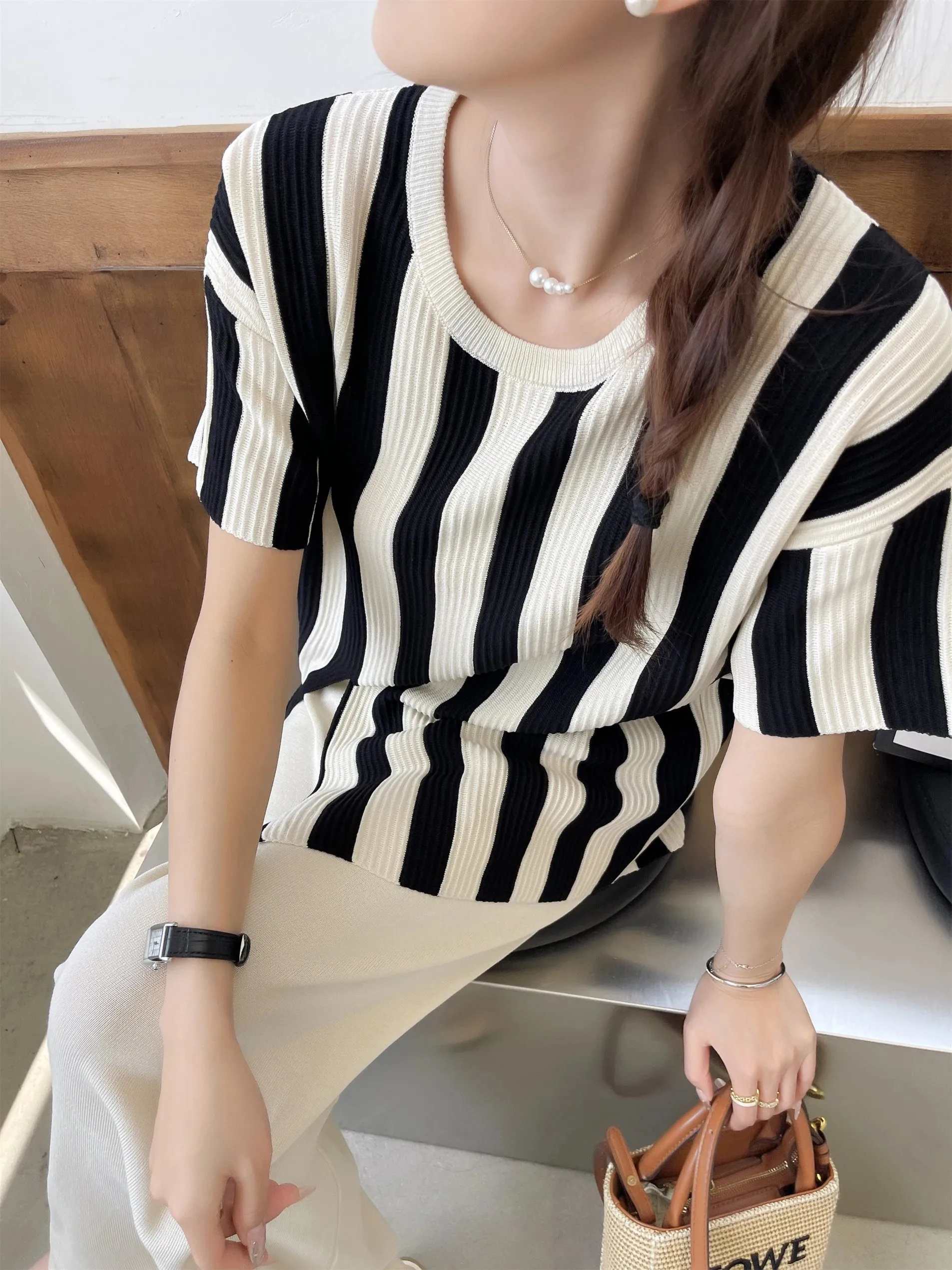 2024 Trend Casual Elegant Knit Stripe O-neck Short Sleeved Sweater Top Irregular Split And Elastic Wide Leg Pants Two-piece Set