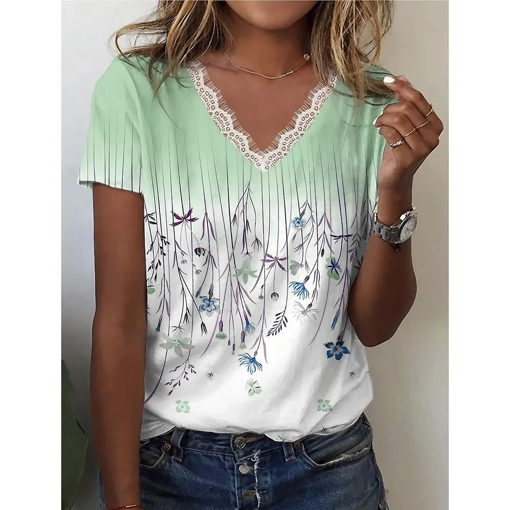 2024 Women'S T-Shirt V-Neck Lace Short-Sleeved Street Fashion Clothing Flower Print Trend Top Loose Women'S V-Neck T-Shirt Top