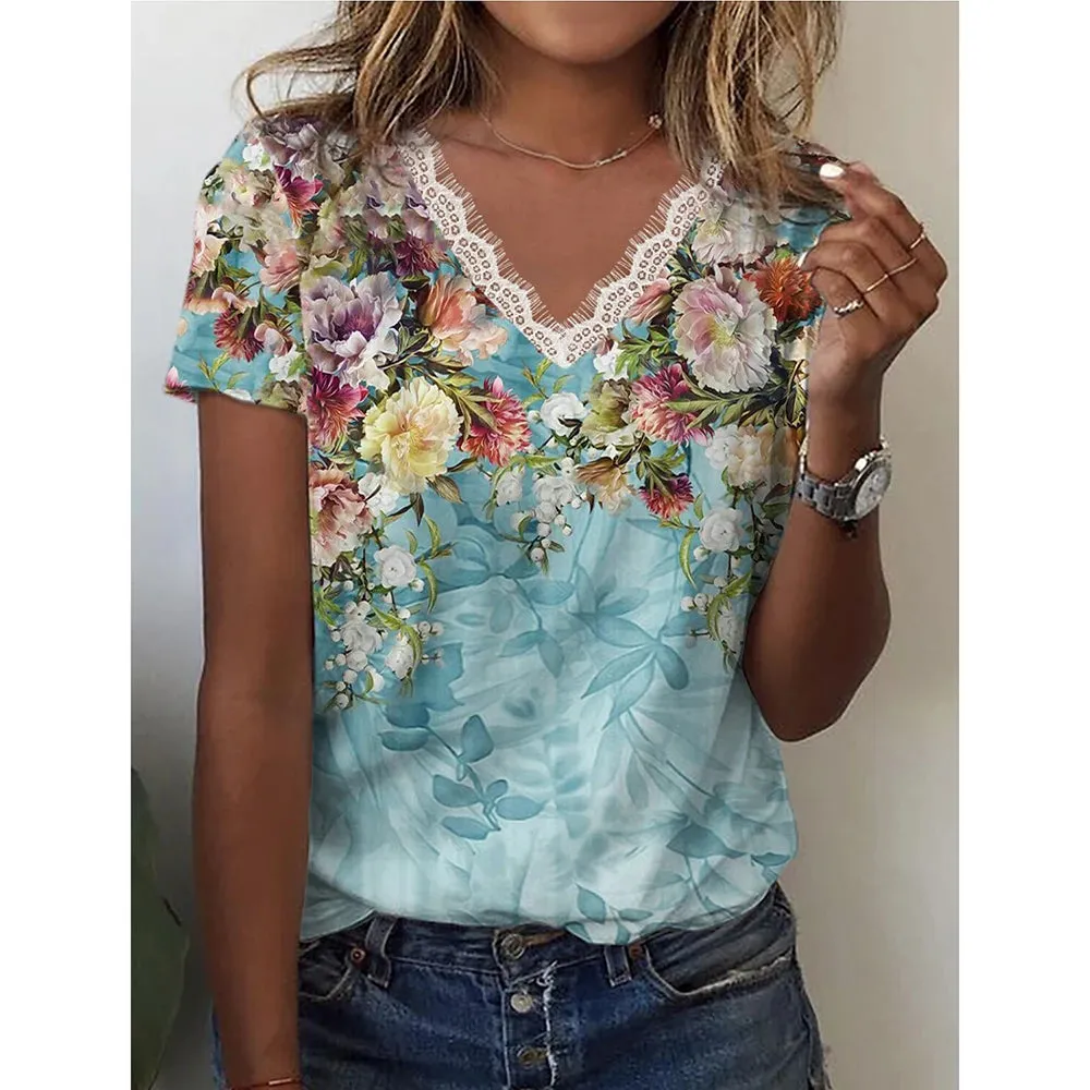 2024 Women'S T-Shirt V-Neck Lace Short-Sleeved Street Fashion Clothing Flower Print Trend Top Loose Women'S V-Neck T-Shirt Top