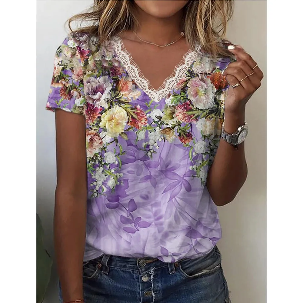 2024 Women'S T-Shirt V-Neck Lace Short-Sleeved Street Fashion Clothing Flower Print Trend Top Loose Women'S V-Neck T-Shirt Top