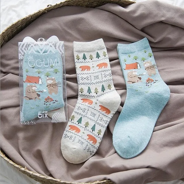 2pairs/lot New brand winter Autumn Women Cotton cartoon pattern Socks Female girl Cute warm funny Socks christmas gifts meias