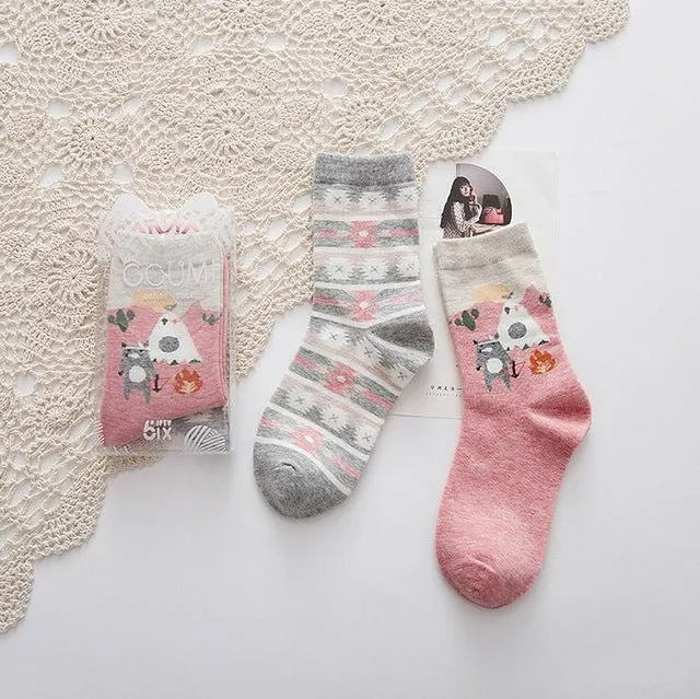 2pairs/lot New brand winter Autumn Women Cotton cartoon pattern Socks Female girl Cute warm funny Socks christmas gifts meias