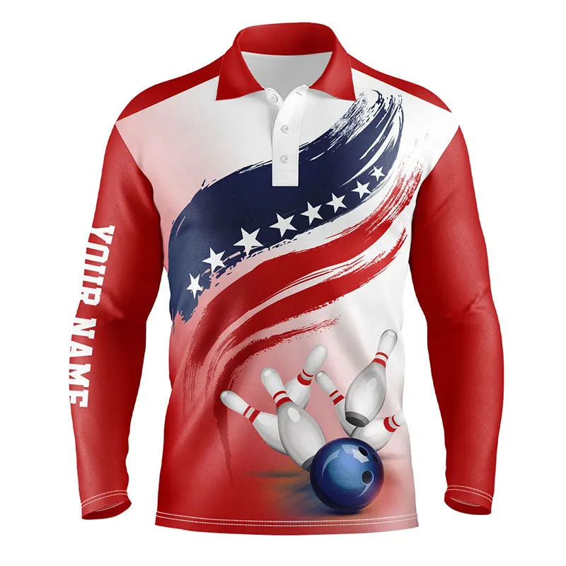 American Flag Bowling Ball And Pins Bowling Long Sleeve Polo Shirt For Men, Custom Bowling Team Jerseys