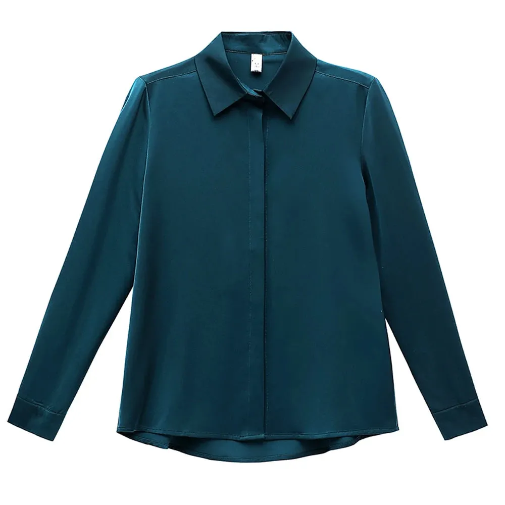 ARWEN AJH  Fashion Woman Blouses 2024 Office Lady Simplicity Hidden Breasted Silk Satin Shirts For Women Basic Clothing Female Casual Tops