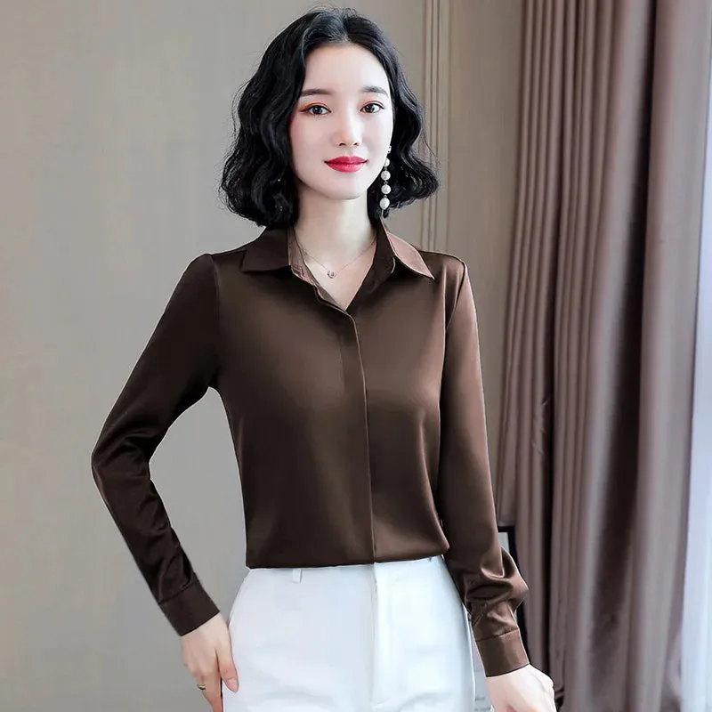 ARWEN AJH  Fashion Woman Blouses 2024 Office Lady Simplicity Hidden Breasted Silk Satin Shirts For Women Basic Clothing Female Casual Tops