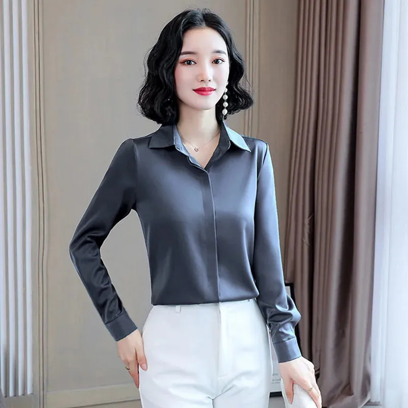 ARWEN AJH  Fashion Woman Blouses 2024 Office Lady Simplicity Hidden Breasted Silk Satin Shirts For Women Basic Clothing Female Casual Tops