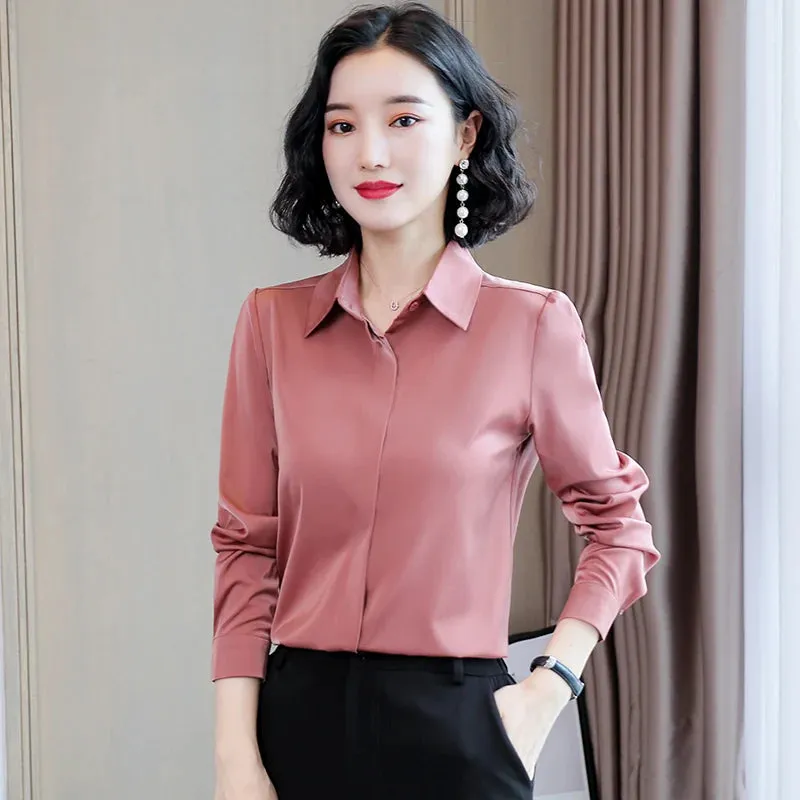 ARWEN AJH  Fashion Woman Blouses 2024 Office Lady Simplicity Hidden Breasted Silk Satin Shirts For Women Basic Clothing Female Casual Tops