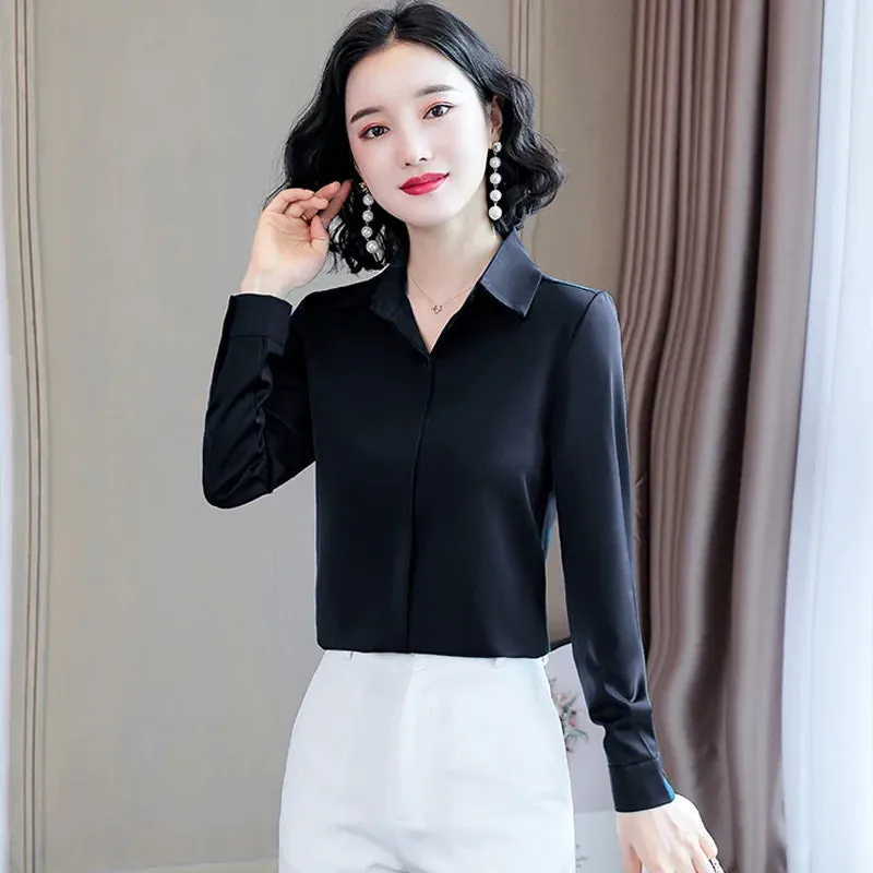 ARWEN AJH  Fashion Woman Blouses 2024 Office Lady Simplicity Hidden Breasted Silk Satin Shirts For Women Basic Clothing Female Casual Tops