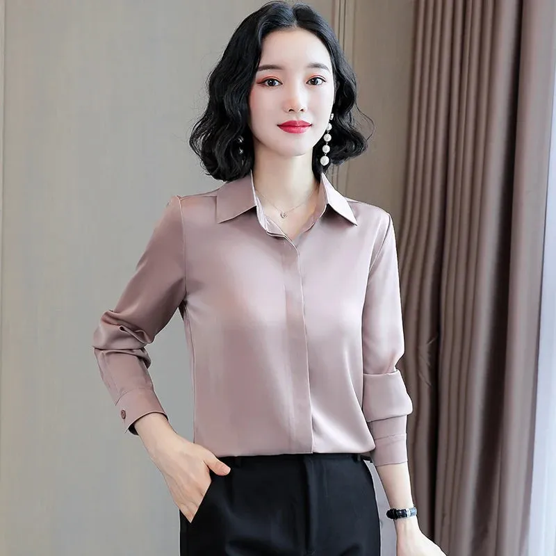 ARWEN AJH  Fashion Woman Blouses 2024 Office Lady Simplicity Hidden Breasted Silk Satin Shirts For Women Basic Clothing Female Casual Tops