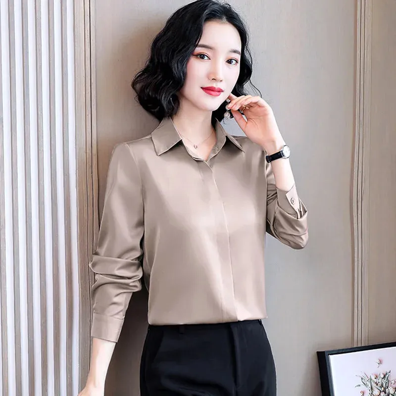 ARWEN AJH  Fashion Woman Blouses 2024 Office Lady Simplicity Hidden Breasted Silk Satin Shirts For Women Basic Clothing Female Casual Tops