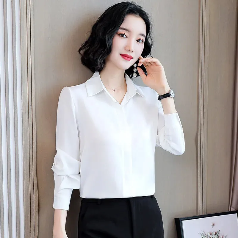 ARWEN AJH  Fashion Woman Blouses 2024 Office Lady Simplicity Hidden Breasted Silk Satin Shirts For Women Basic Clothing Female Casual Tops