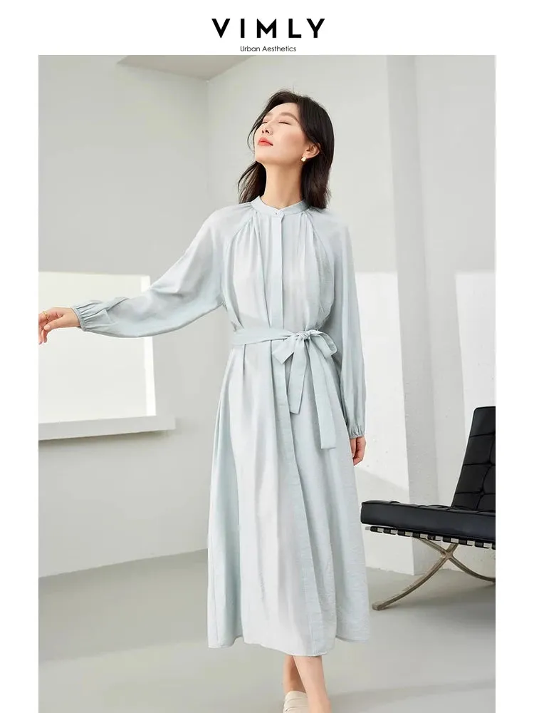 ARWEN & AJH GROUP  Women Midi Dress 2024 Spring Vacation Elegant Fashion Tie Belt Long Sleeve Dresses with Pockets Womans Clothing M5296