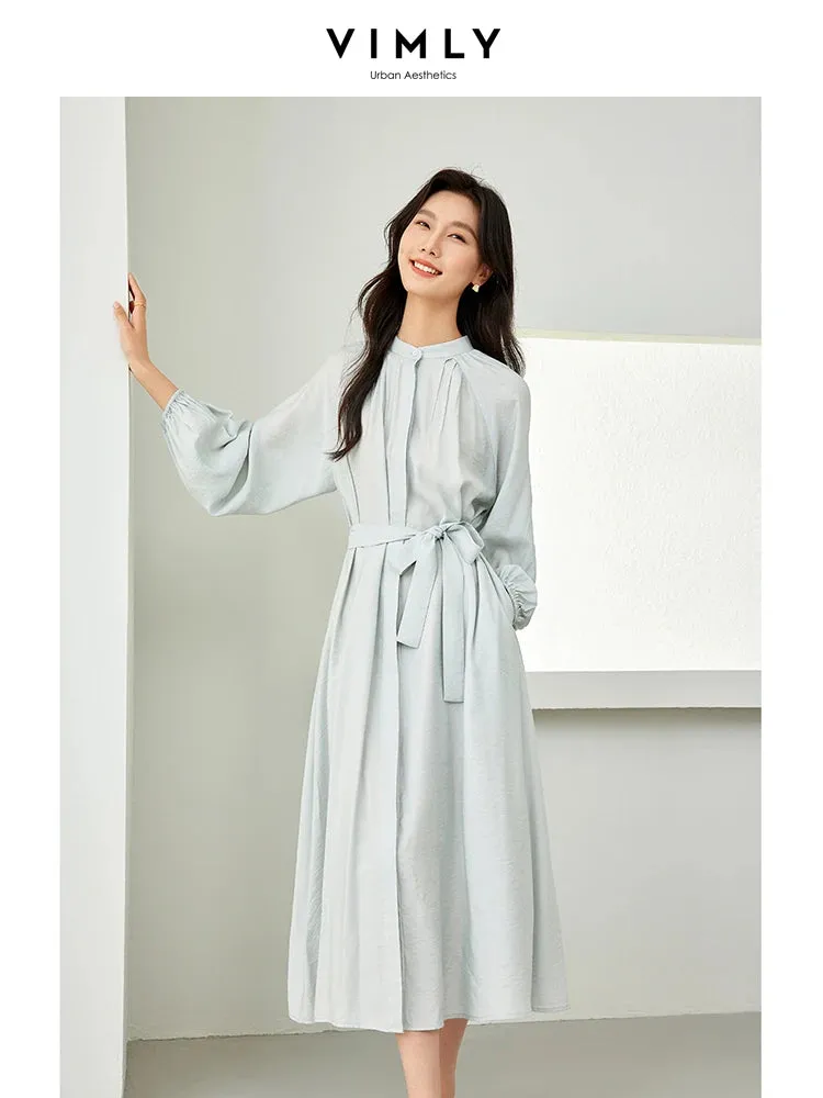 ARWEN & AJH GROUP  Women Midi Dress 2024 Spring Vacation Elegant Fashion Tie Belt Long Sleeve Dresses with Pockets Womans Clothing M5296