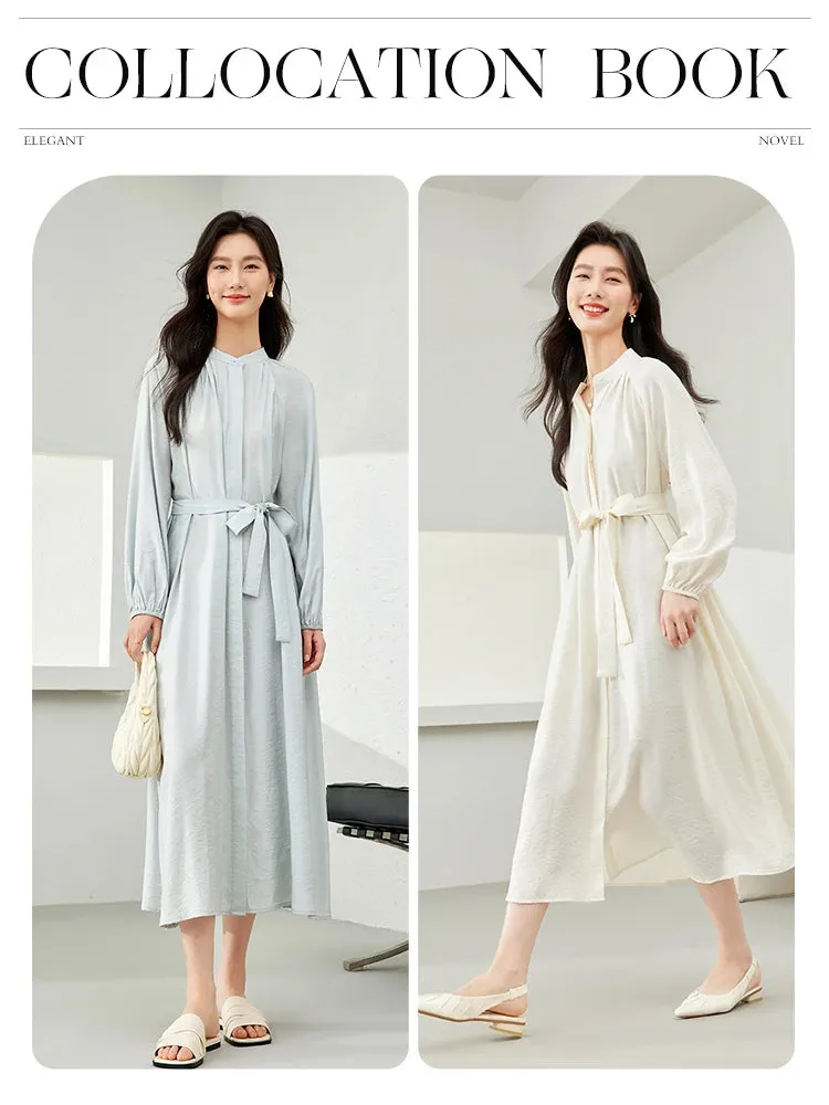 ARWEN & AJH GROUP  Women Midi Dress 2024 Spring Vacation Elegant Fashion Tie Belt Long Sleeve Dresses with Pockets Womans Clothing M5296