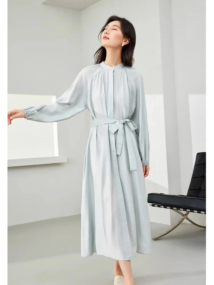 ARWEN & AJH GROUP  Women Midi Dress 2024 Spring Vacation Elegant Fashion Tie Belt Long Sleeve Dresses with Pockets Womans Clothing M5296