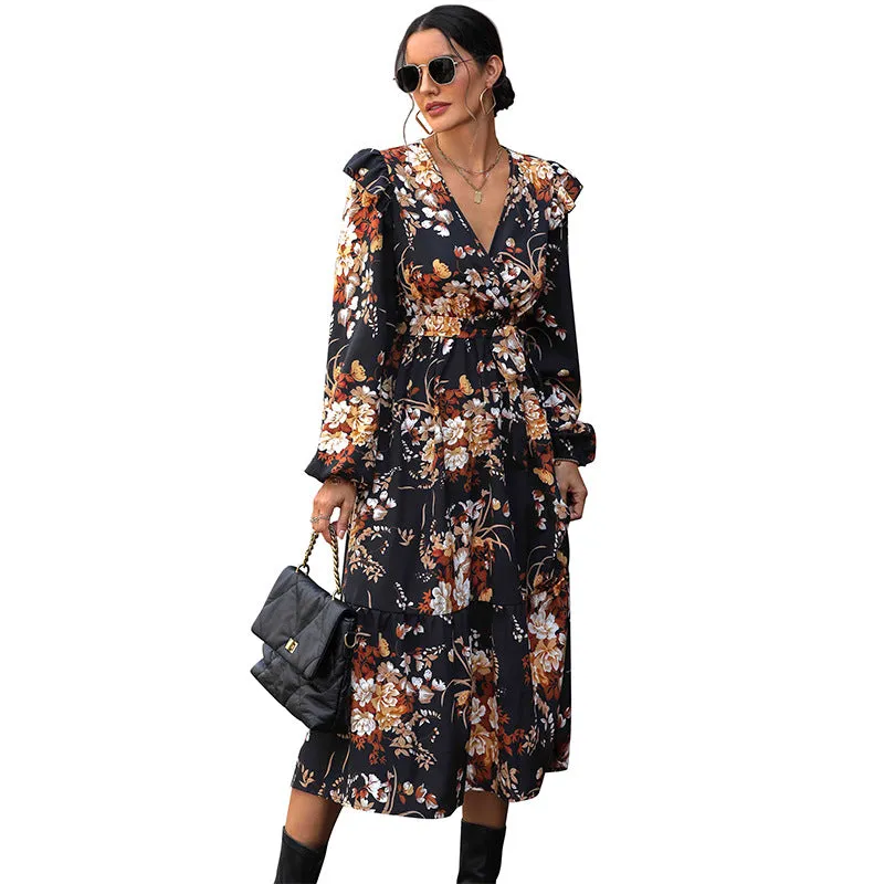 ARWEN&AJH GROUP مجموعة أروين 2024 New  Women&  Clothing European And American Printed Autumn Dress