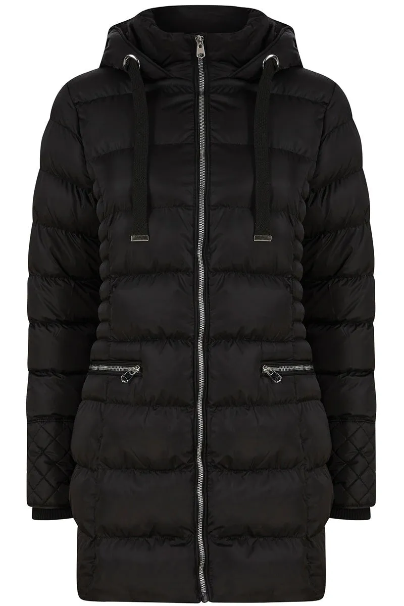 BLACK QUILTED ZIPPED HOODED JACKET