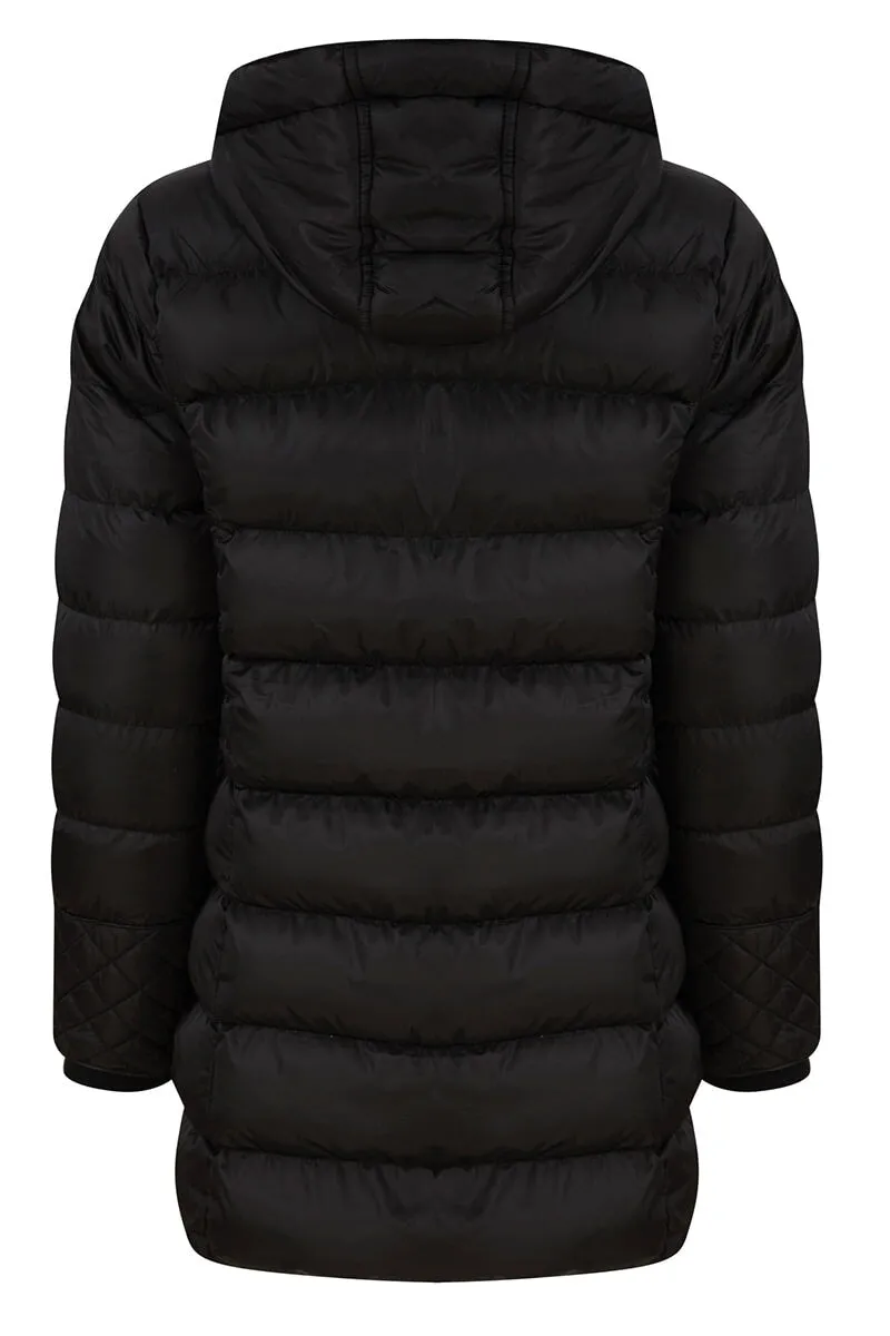 BLACK QUILTED ZIPPED HOODED JACKET