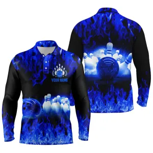 Blue Flame Men Long Sleeve Polo Bowling Shirts, Personalized Men's Bowling Jerseys, Bowling Team Jerseys