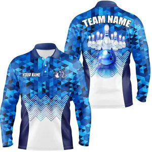 Blue Geometric Pattern Bowling Ball And Pins Custom Men Bowling Long Sleeve Polo Shirts, Team Bowling Jersey