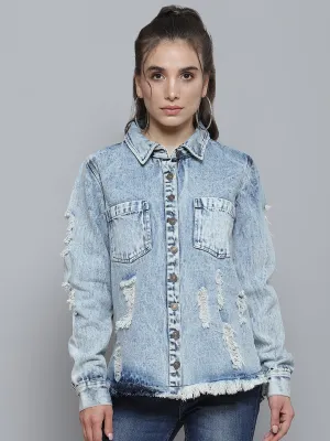 Blue High Low Distressed Denim Shirt