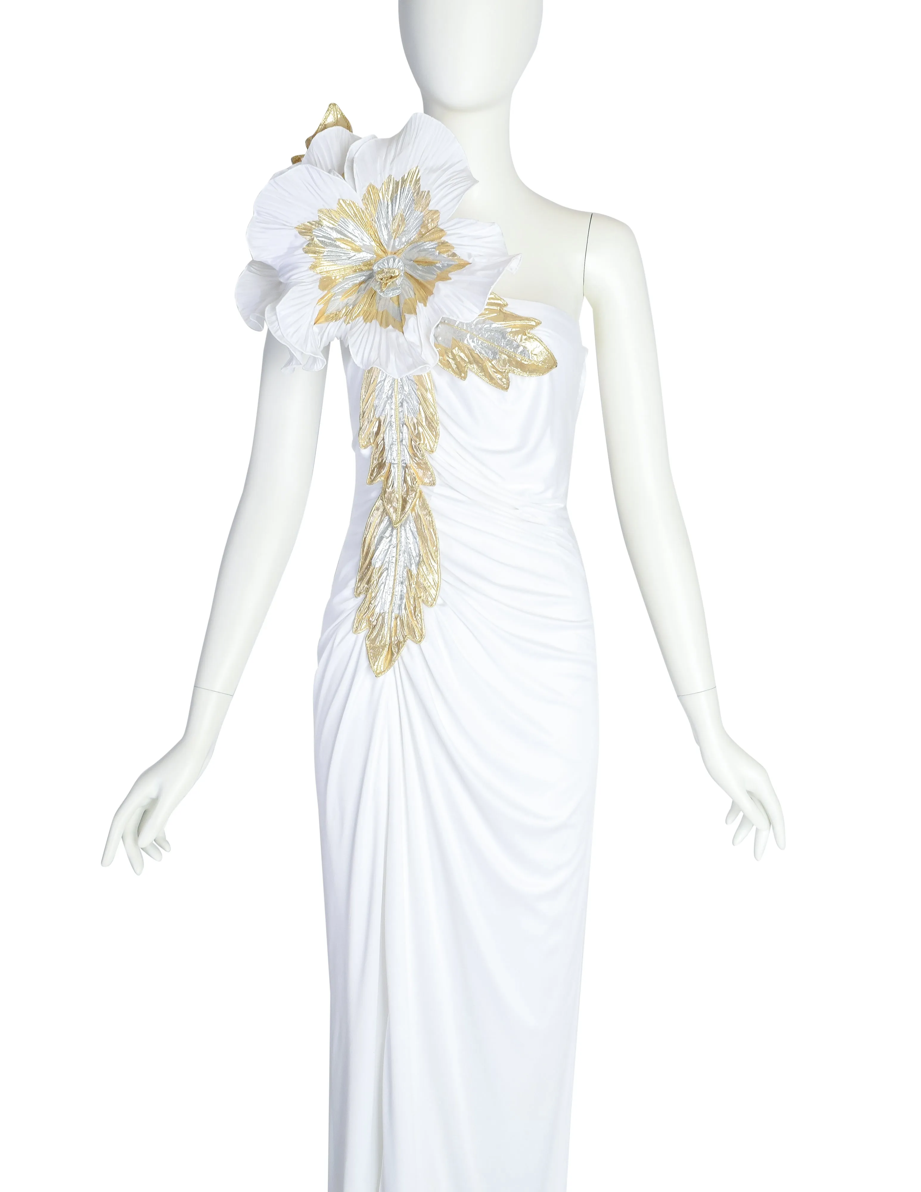 Cache Vintage White Gold Silver Huge Flower ICONIC Carrie Bradshaw Whitney Houston Gown Dress