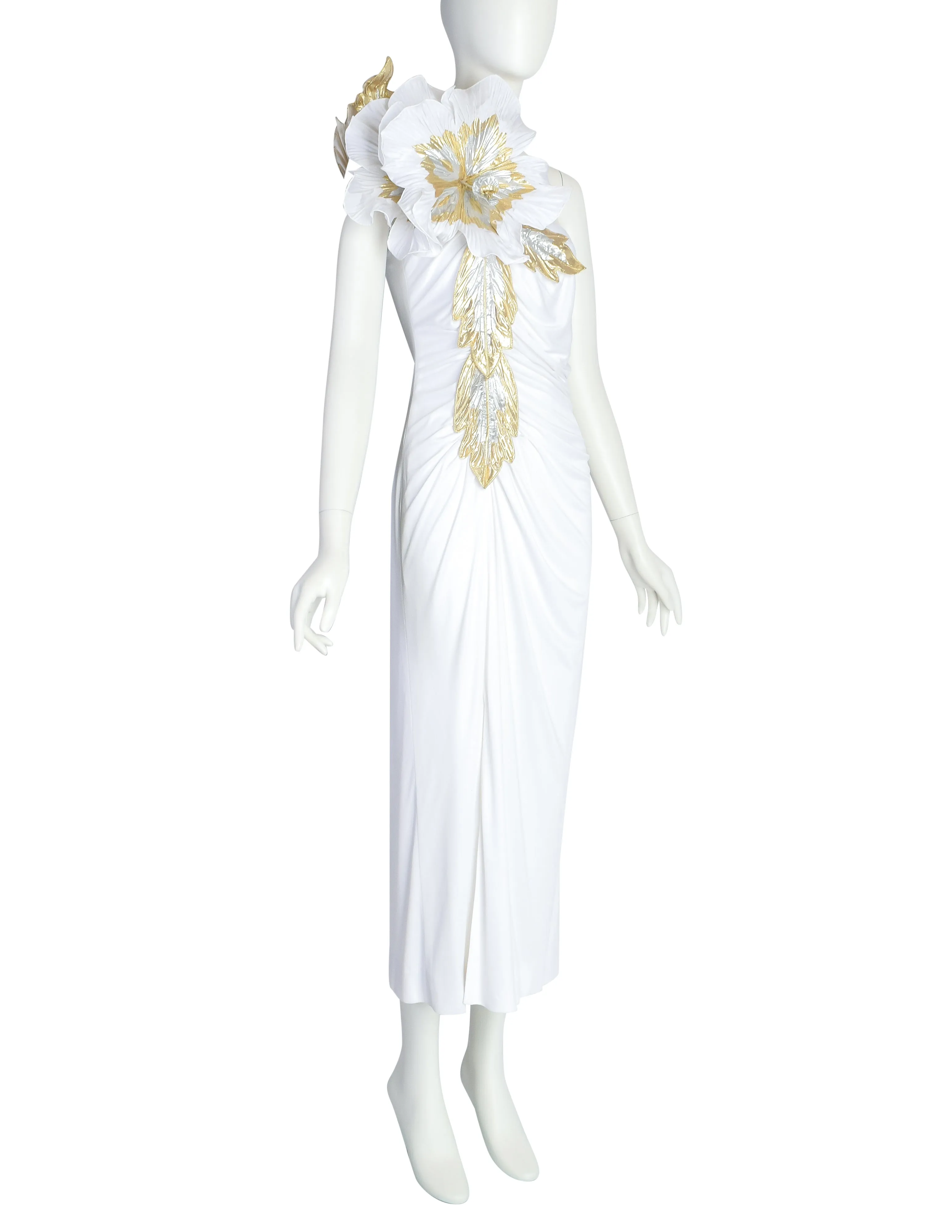 Cache Vintage White Gold Silver Huge Flower ICONIC Carrie Bradshaw Whitney Houston Gown Dress