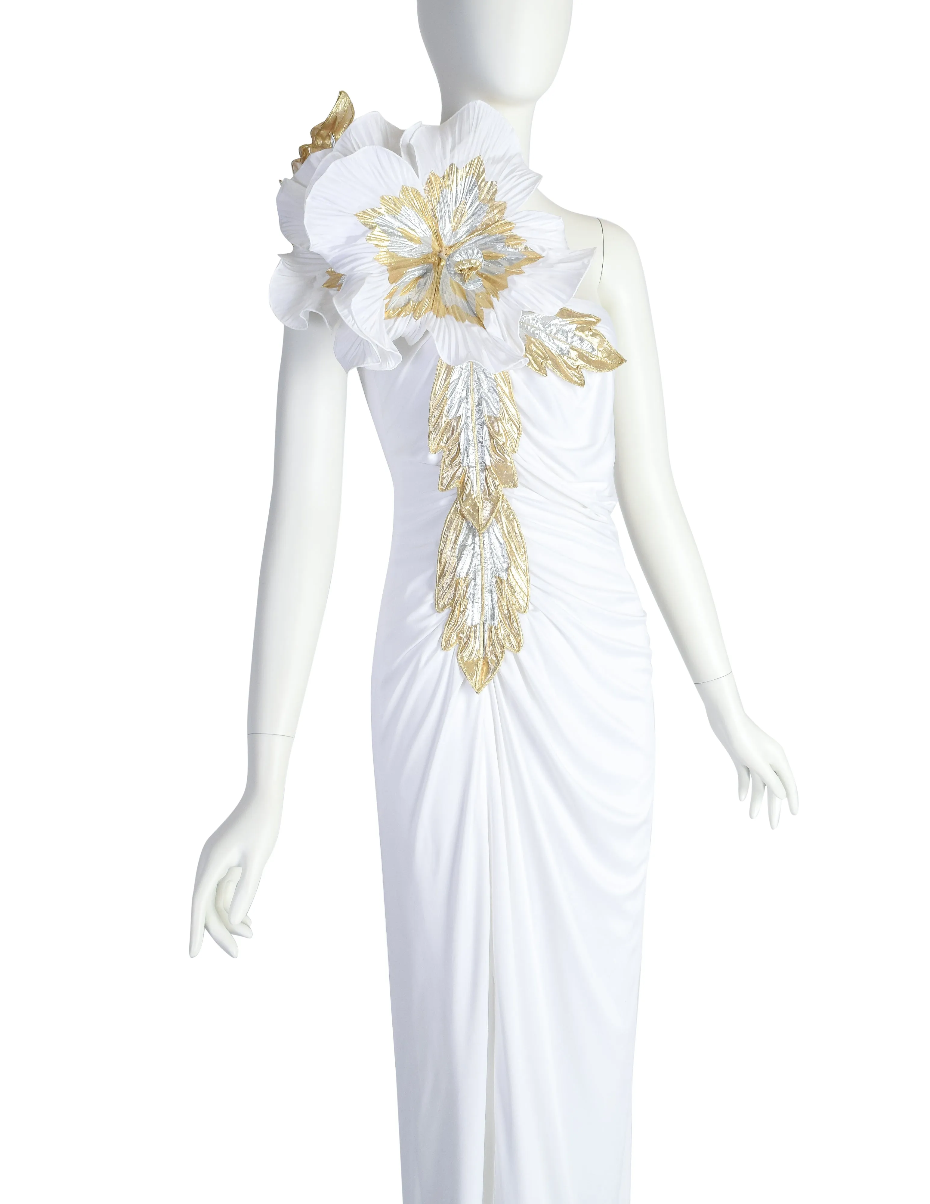 Cache Vintage White Gold Silver Huge Flower ICONIC Carrie Bradshaw Whitney Houston Gown Dress