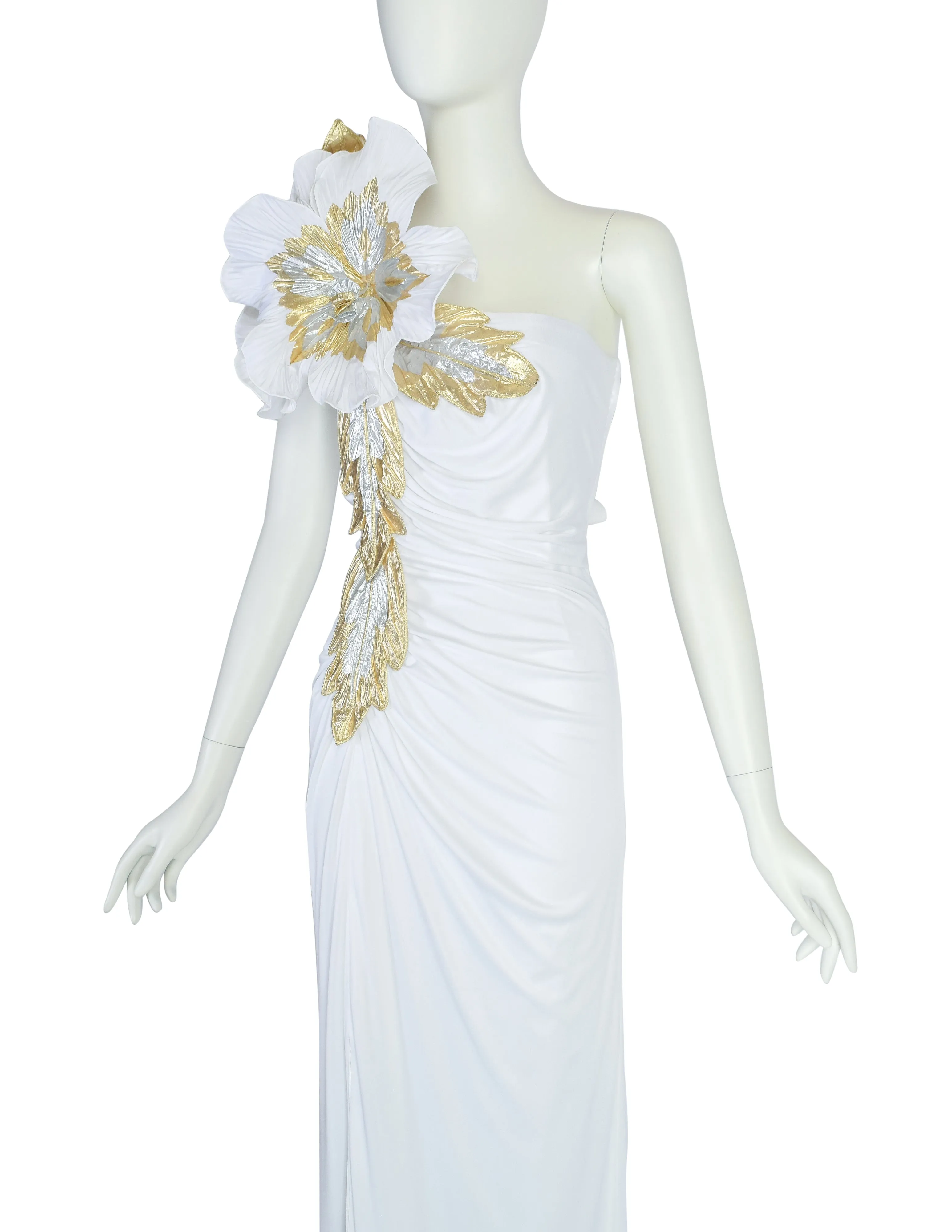 Cache Vintage White Gold Silver Huge Flower ICONIC Carrie Bradshaw Whitney Houston Gown Dress