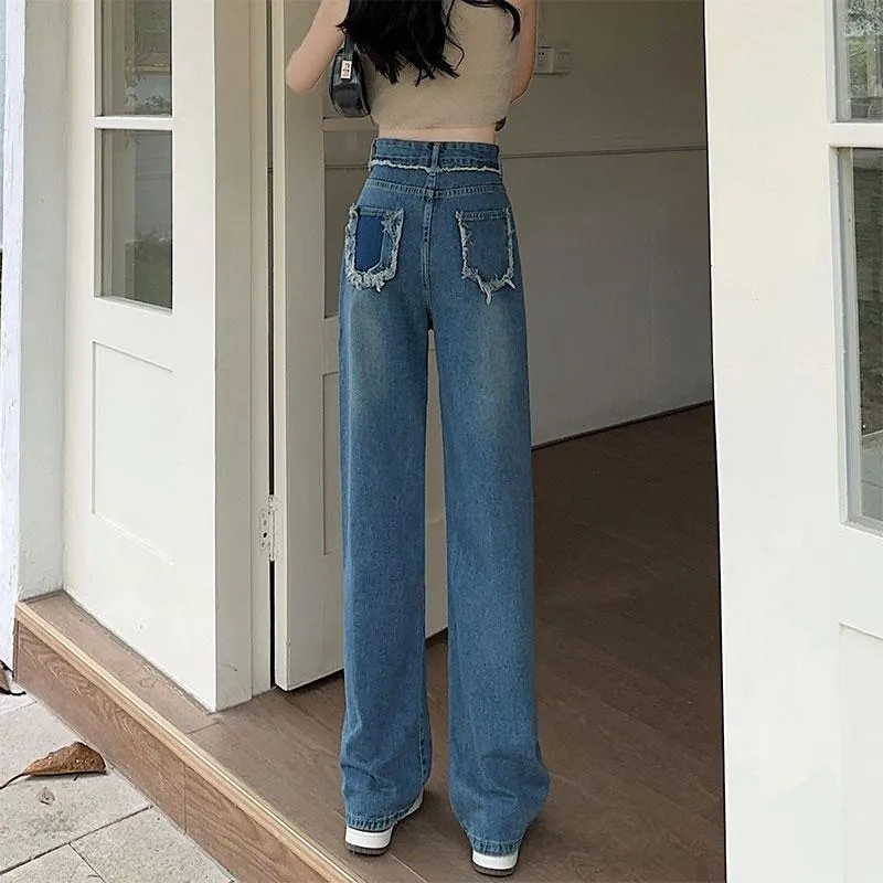 Casual Pocket Floor-Length Backless Frayed Edge Straight High-Waisted Patchwork Jeans