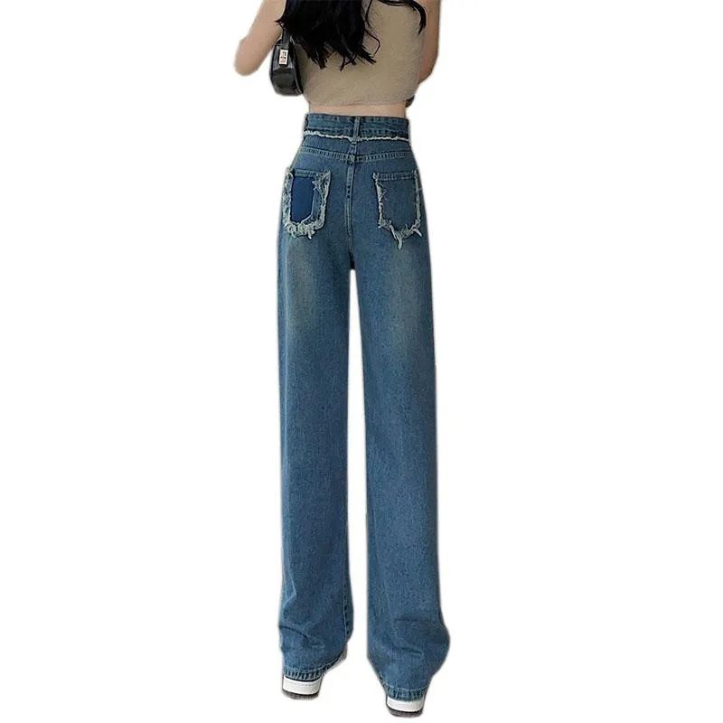 Casual Pocket Floor-Length Backless Frayed Edge Straight High-Waisted Patchwork Jeans