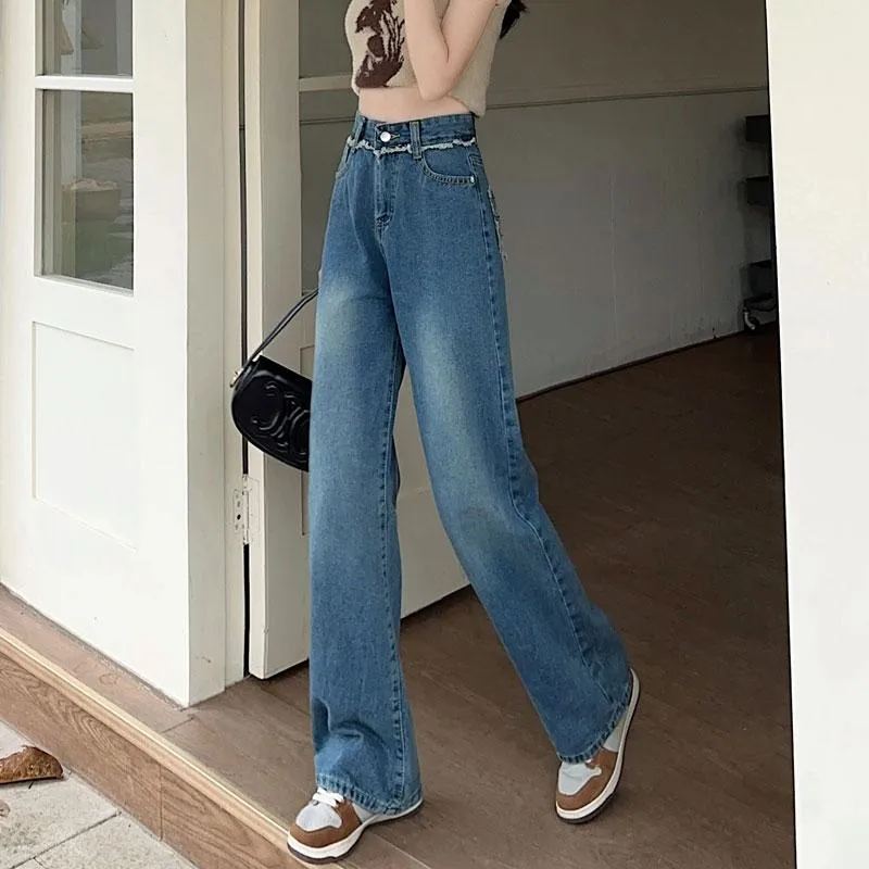 Casual Pocket Floor-Length Backless Frayed Edge Straight High-Waisted Patchwork Jeans