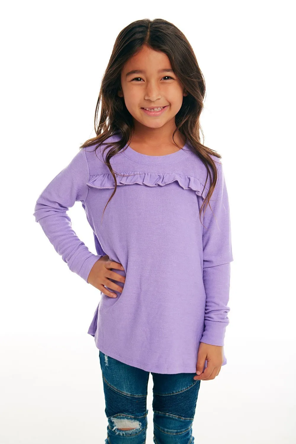 CHASER KIDS - Girls Cozy Knit Long Sleeve Ruffle Yoke Pullover in Popsicle