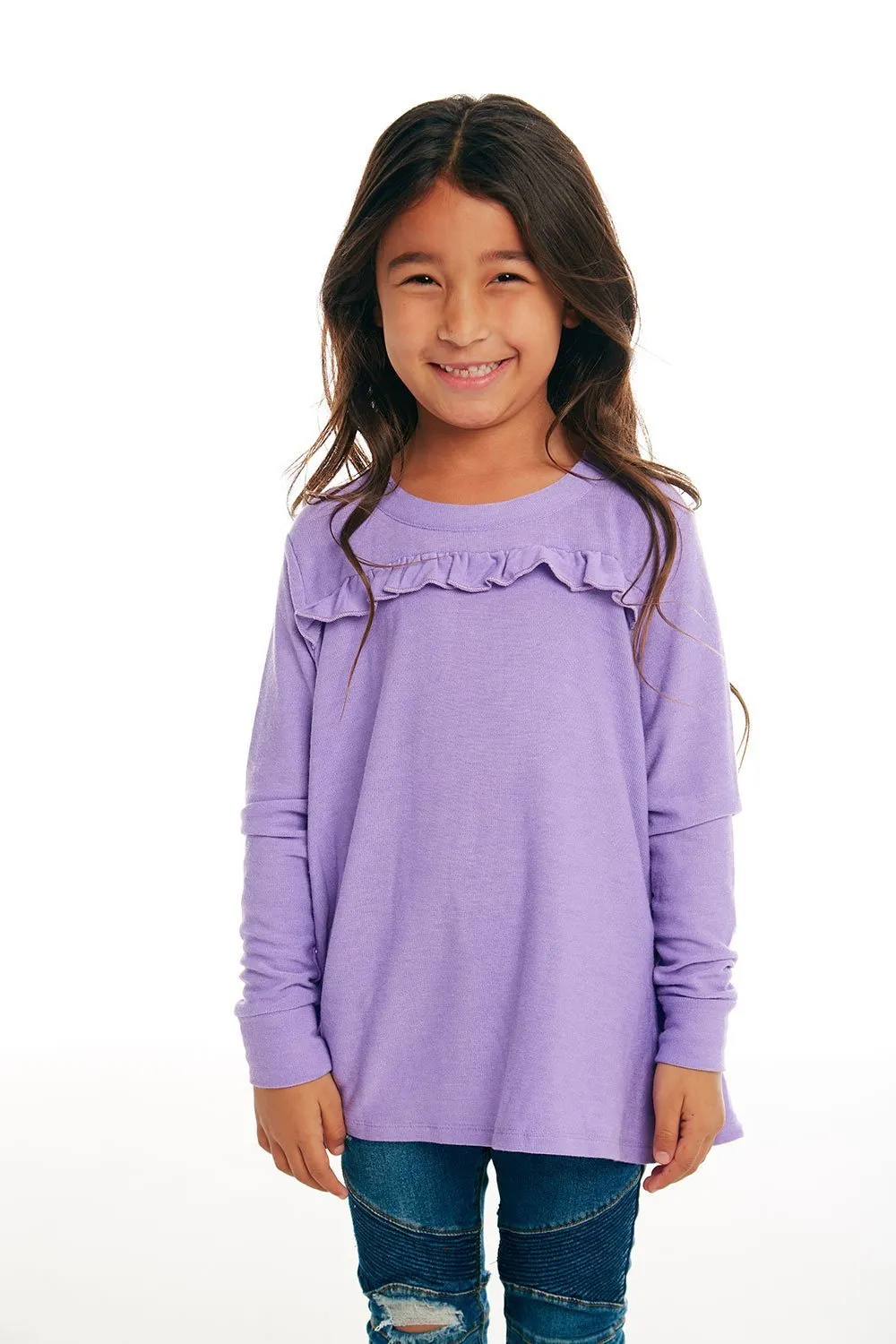 CHASER KIDS - Girls Cozy Knit Long Sleeve Ruffle Yoke Pullover in Popsicle