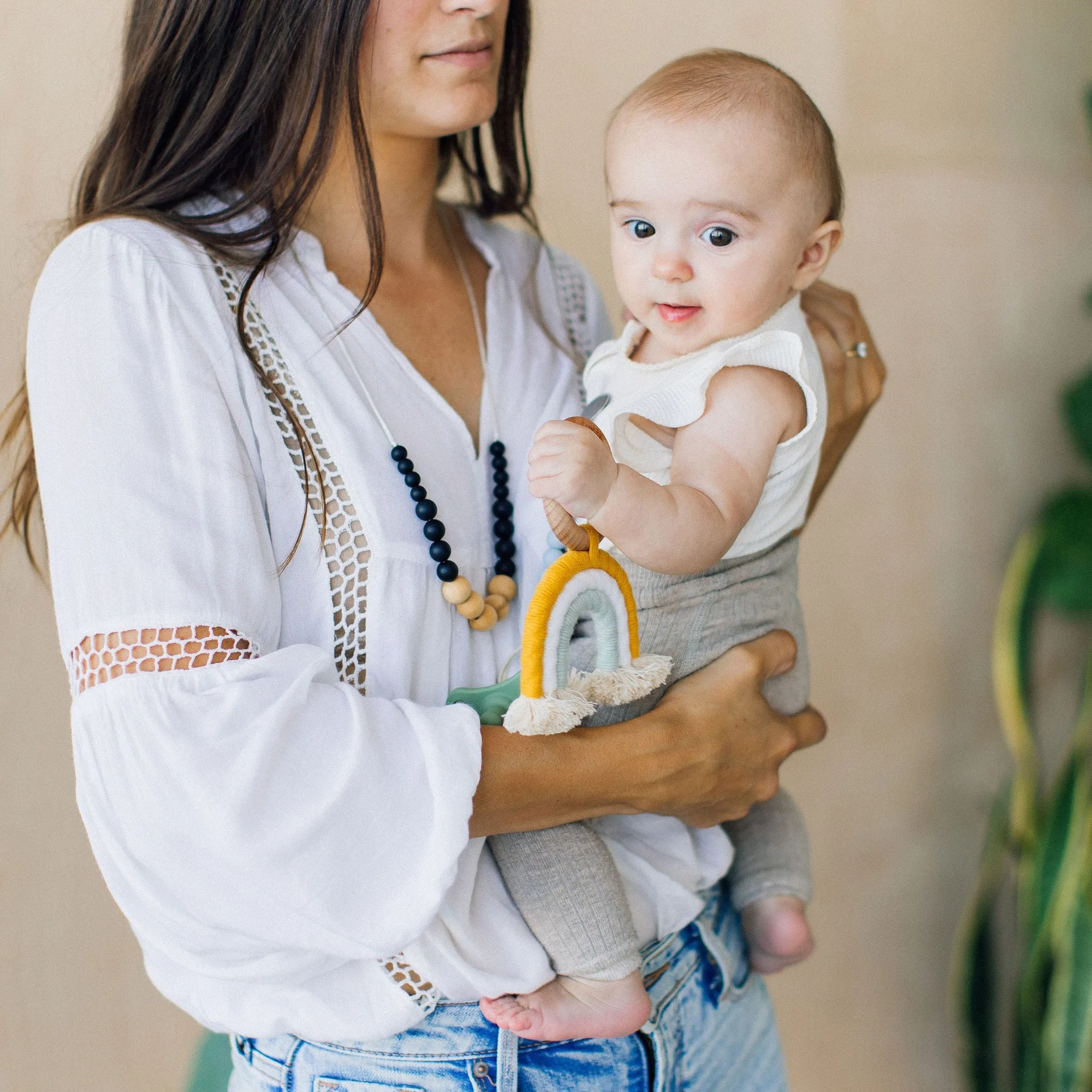 Chewable Charm Rainbow Macrame Teether- Mustard   Grey