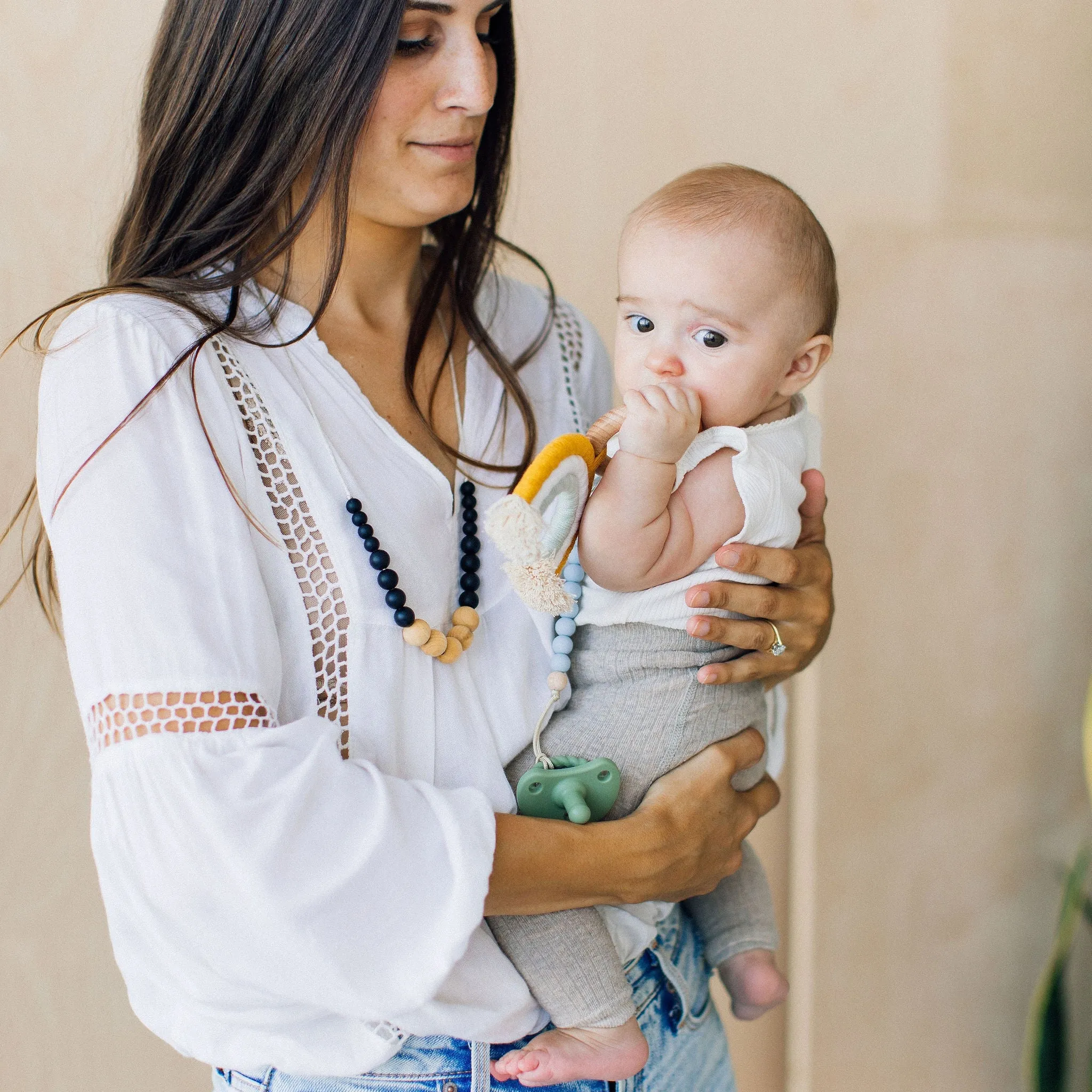 Chewable Charm Rainbow Macrame Teether- Mustard   Grey