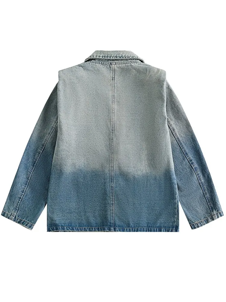 Denim Jackets For Women Lapel Long Sleeves Ombre Patchwork Pockets Loose Jacket Female Fashion Clothing