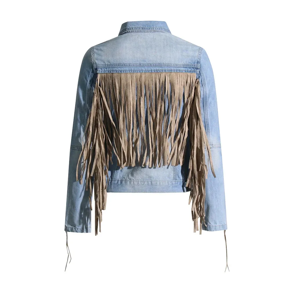 Denim Patchwork Tassel Jackets For Women Lapel Long Sleeve Single Breasted Vintage Jacket Female Fashion Clothes