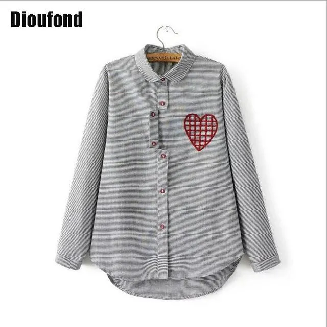 Dioufond Women Blouses Cotton Heart Embroidery Long Sleeve Shirt Women Cardigan  2017 New Fashion Summer Ladies Office Blouse