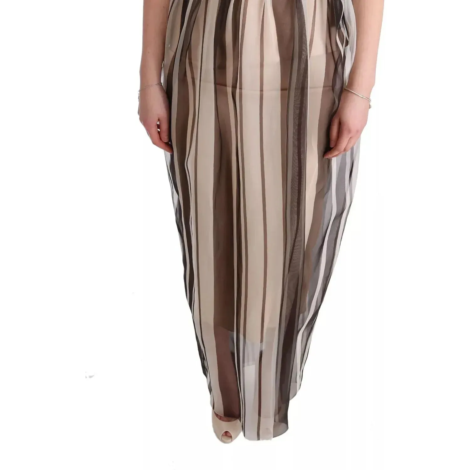 Dolce & Gabbana Beige Brown Striped Silk Sheath Dress