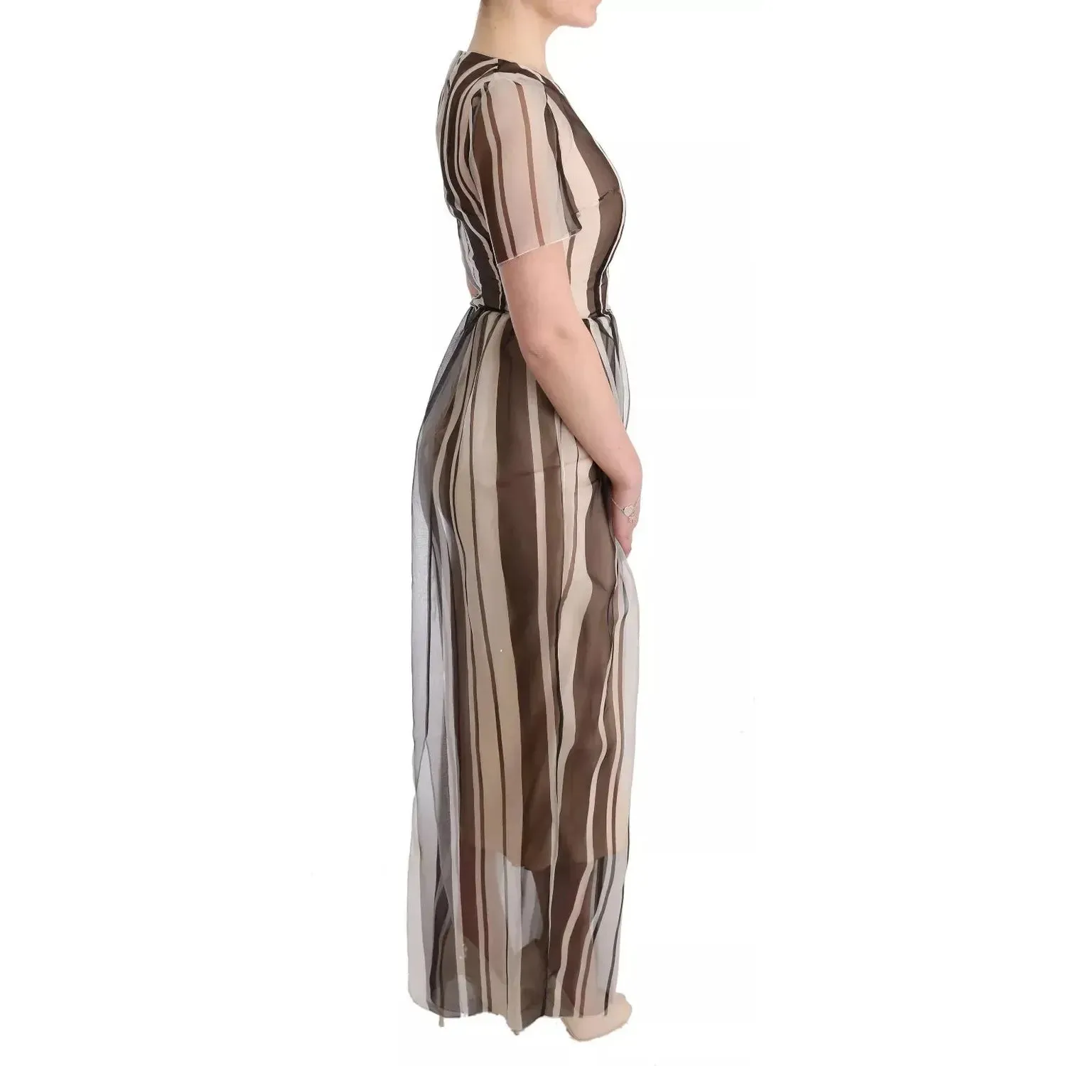 Dolce & Gabbana Beige Brown Striped Silk Sheath Dress