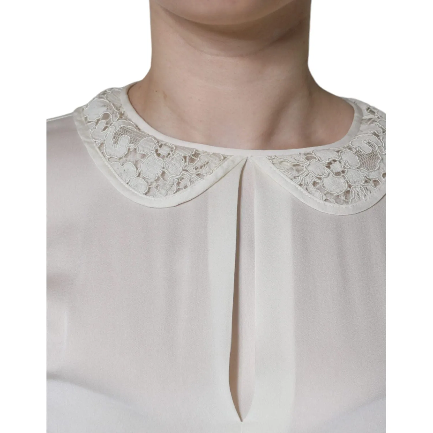 Dolce & Gabbana Off White Silk Lace Trimmed 3/4 Sleeves Blouse Top