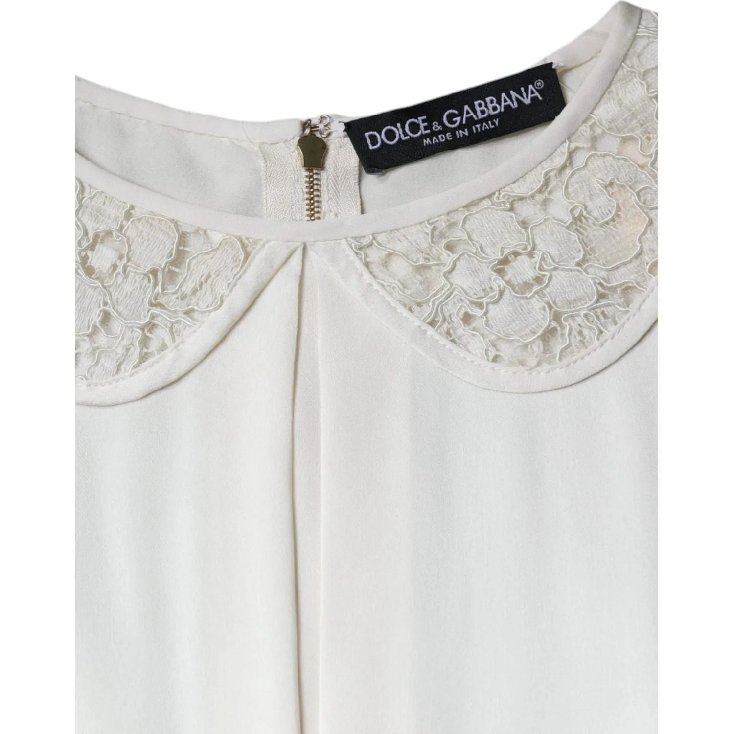 Dolce & Gabbana Off White Silk Lace Trimmed 3/4 Sleeves Blouse Top