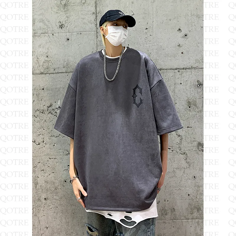 Drop Shoulder Suede Elasticity Print Round Neck Short Sleeve Tee